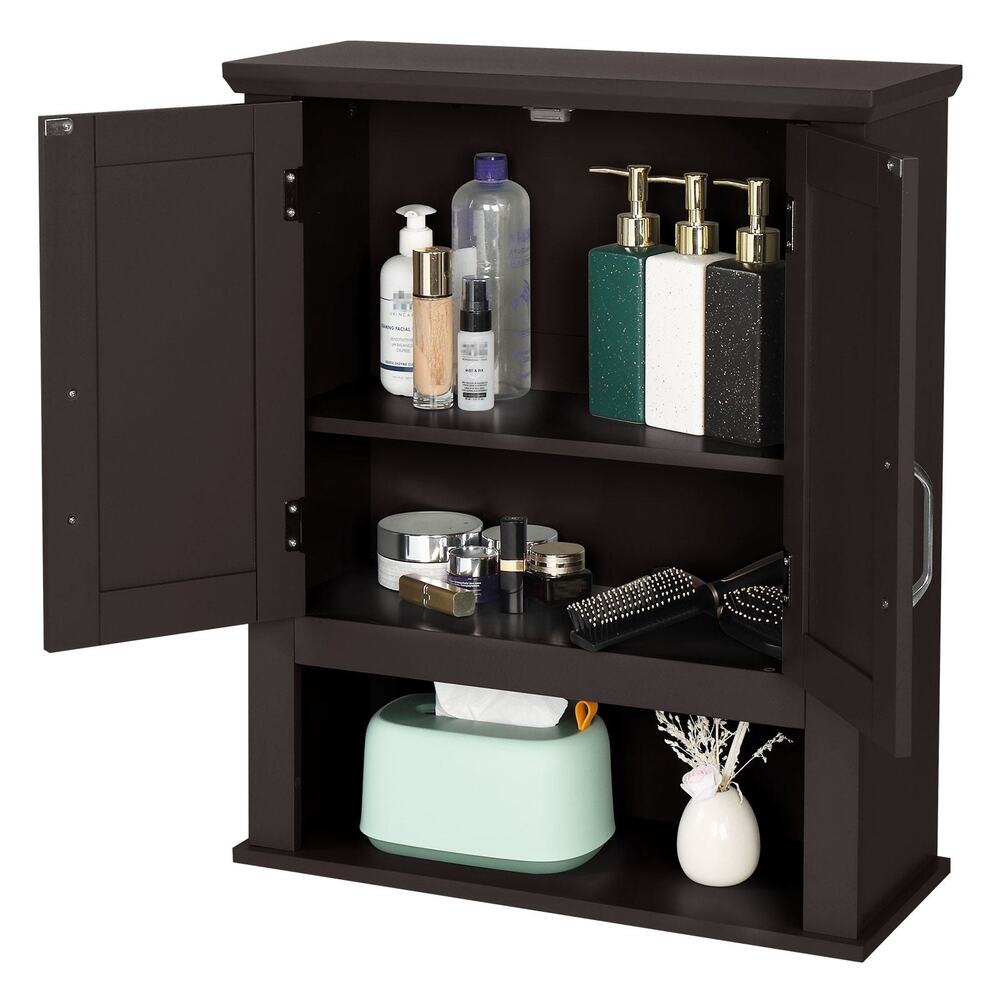 New Espresso Wall-Mounted Bathroom Cabinet with Doors & Open Shelf